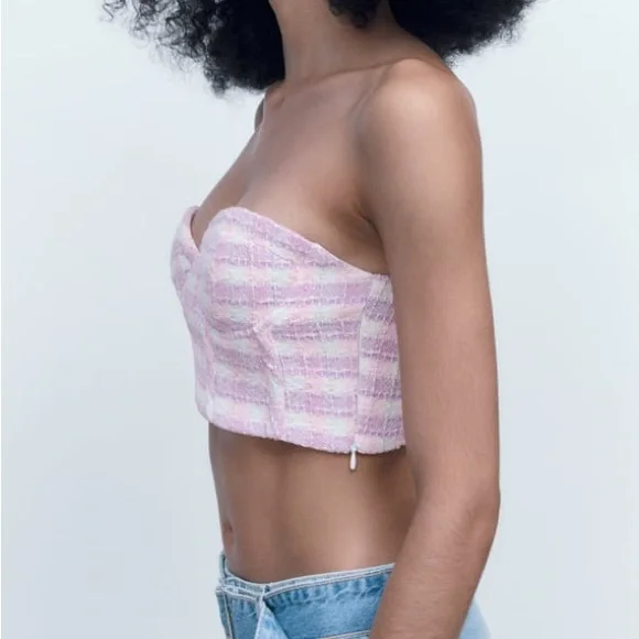 Zara NWOT pink / purple / white bustier tweed textured crop top - Picture 3 of 7
